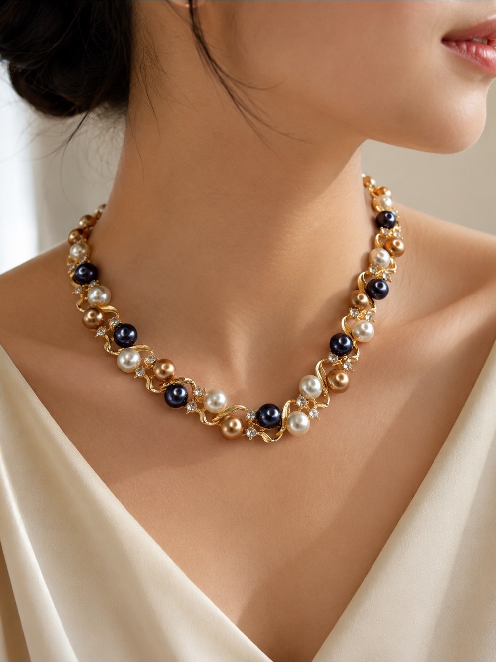 Gold Collar Necklace with Black, White and Champagne Pearls